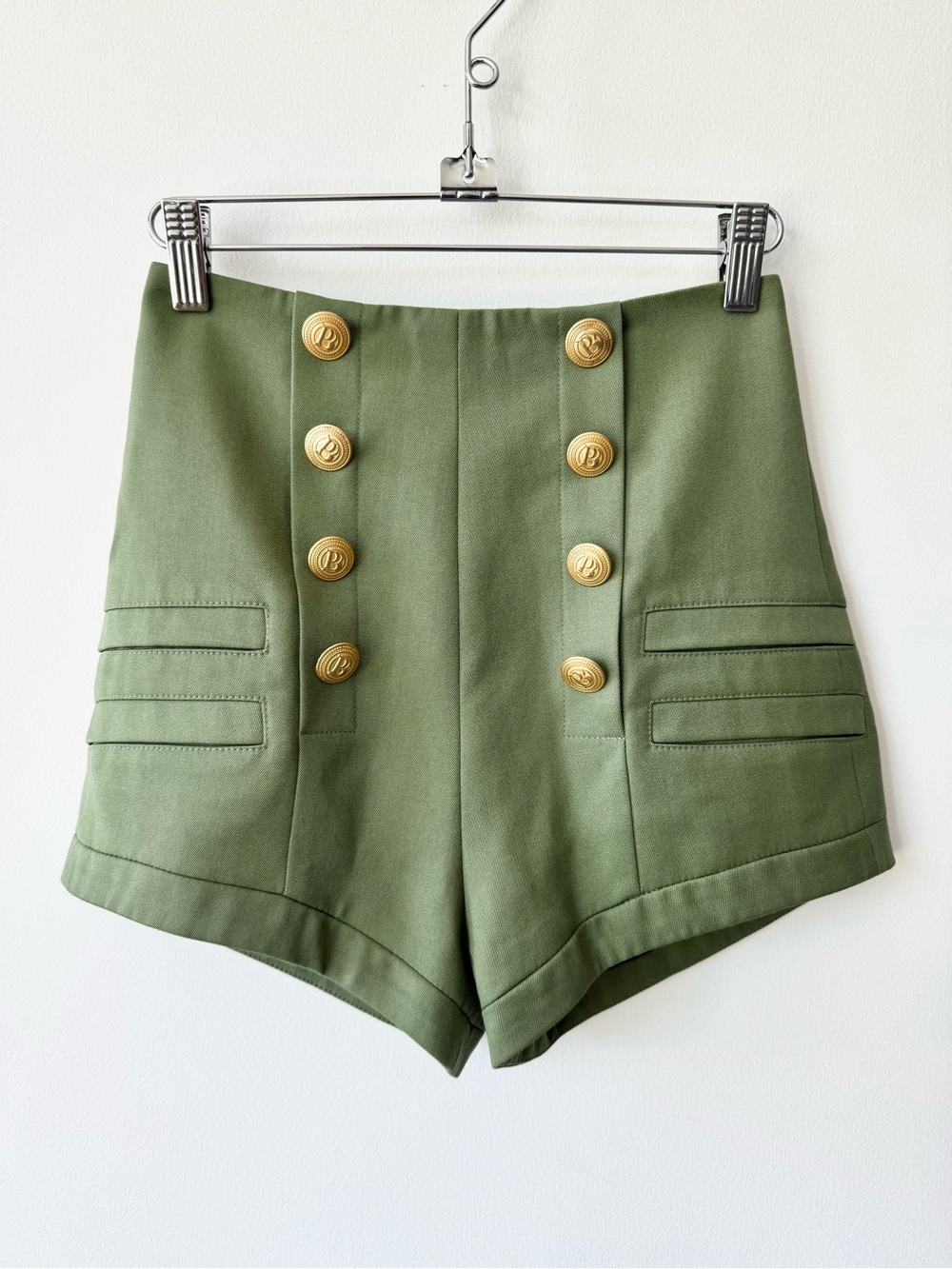 NWT Pierre Balmain Olive Green High-Waist Military Style Button Shorts - Size 34